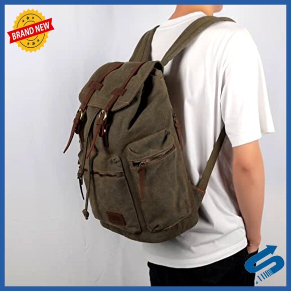 Vintage Canvas Backpack Leather Trim Casual Daypack Laptop Travel Rucksack